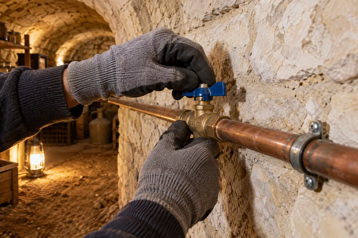 Mains gantées fermant un robinet d&rsquo;arrêt en laiton posé sur un tuyau de cuivre, dans une cave voûtée