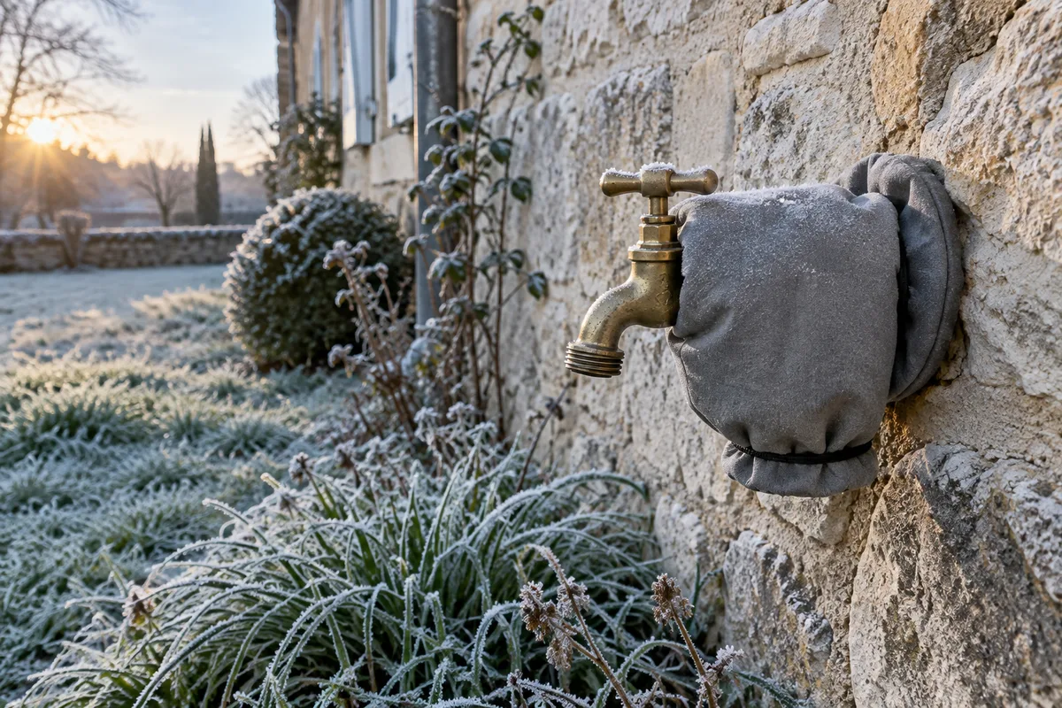 Robinet de jardin en laiton protégé par une housse isolante grise sur un mur de pierre couvert de givre