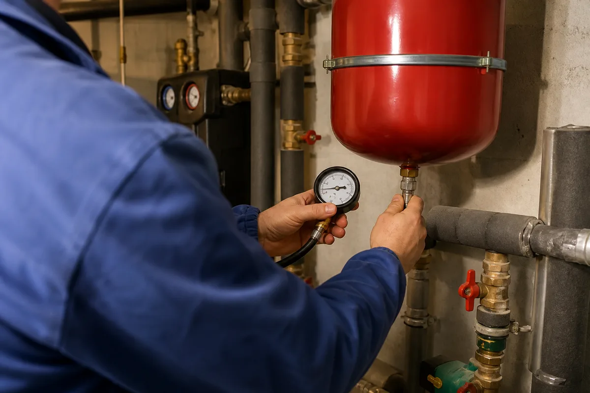 Chauffagiste contrôlant le pré-gonflage d’un vase d’expansion rouge dans une chaufferie de maison individuelle