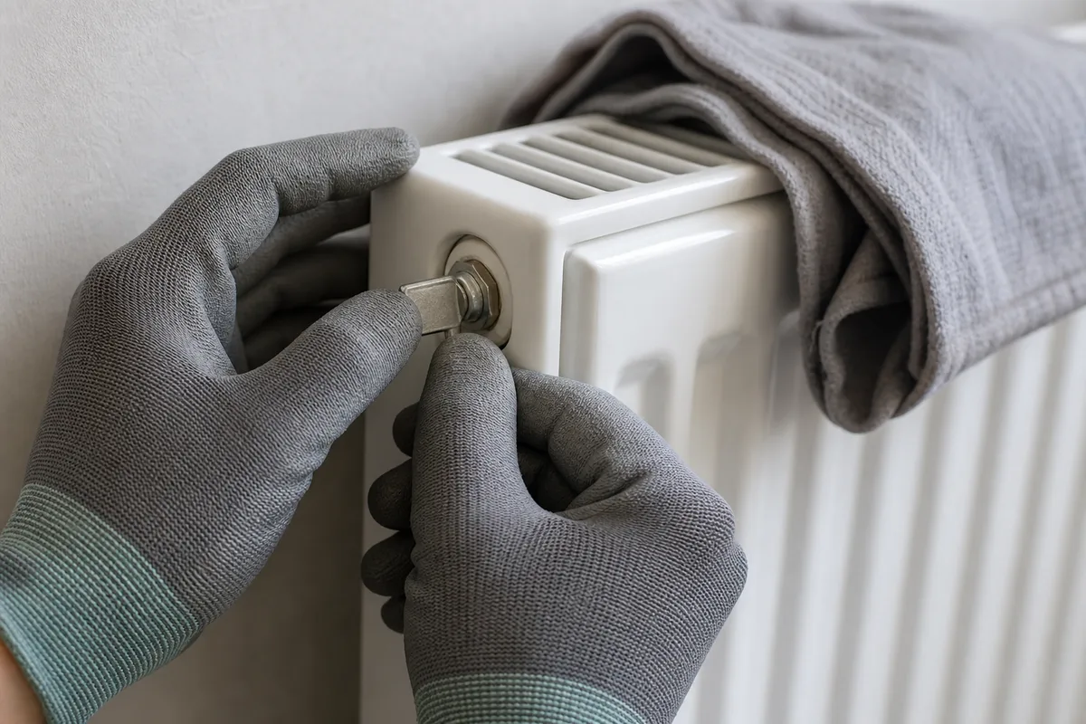 Mains gantées ouvrant d’un quart de tour la vis de purge en haut d’un radiateur d’appartement