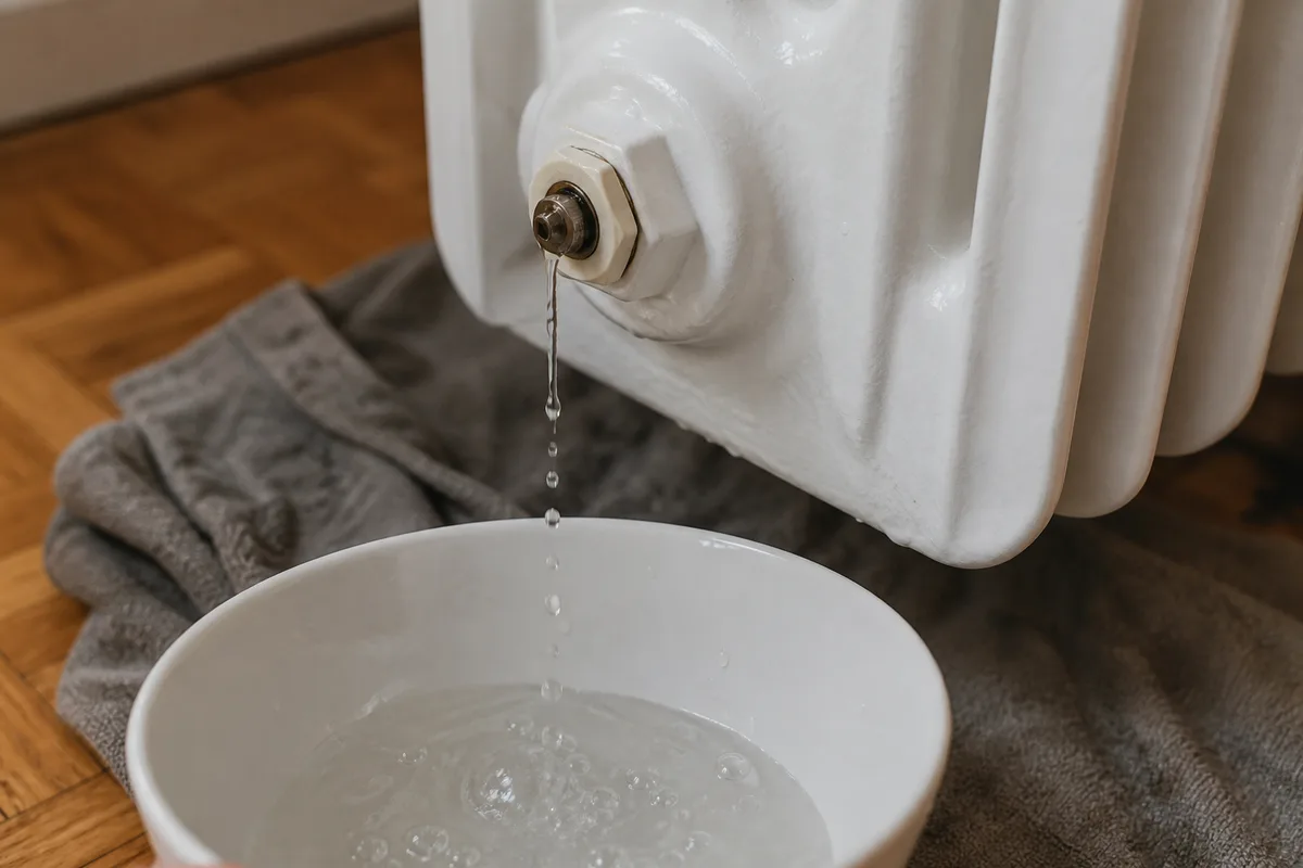 Filet d’eau s’écoulant d’une vis de purge de radiateur dans un petit récipient posé sur un chiffon