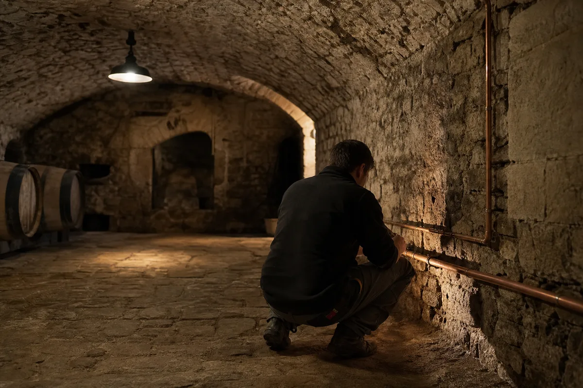 Cave voûtée en pierre avec canalisations apparentes, ambiance bourguignonne, lumière tamisée