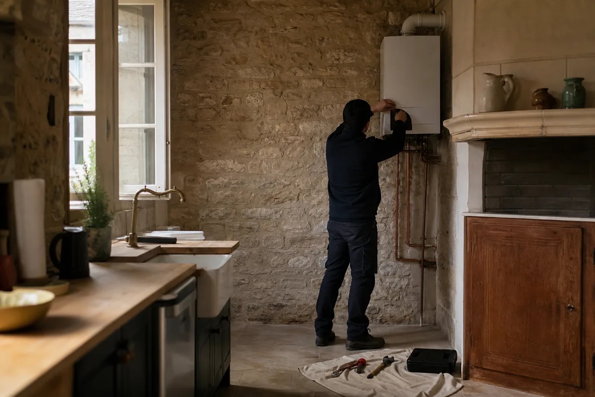 Technicien de dos ajustant une chaudière murale dans une cuisine ancienne bourguignonne, lumière naturelle du matin