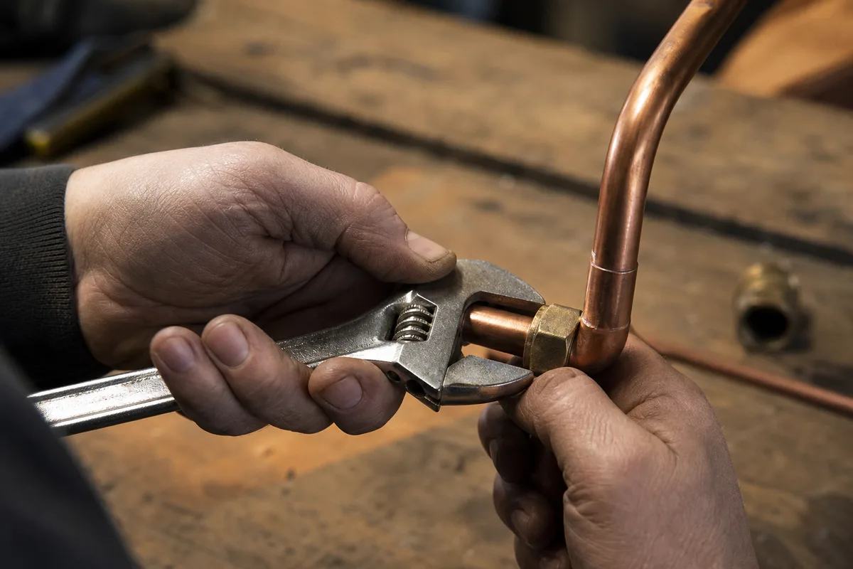 Gros plan sur des mains manipulant une clé sur un raccord de cuivre dans un atelier de plomberie