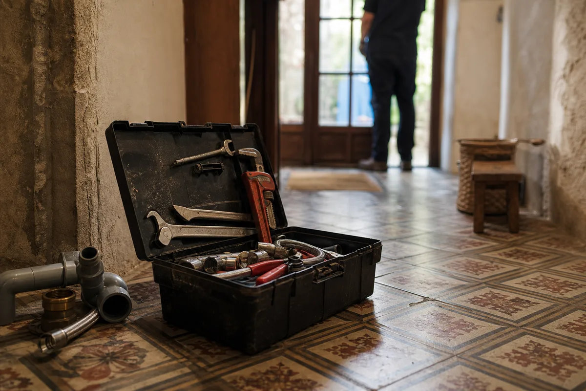 Mallette d&rsquo;outils de plomberie posée sur un carrelage ancien dans une maison de bourg bourguignonne, lumière naturelle du matin