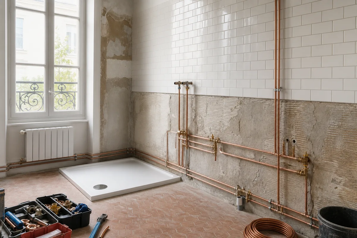 Salle de bain en cours de rénovation dans une maison ancienne, tuyauterie apparente et matériaux neufs, lumière naturelle
