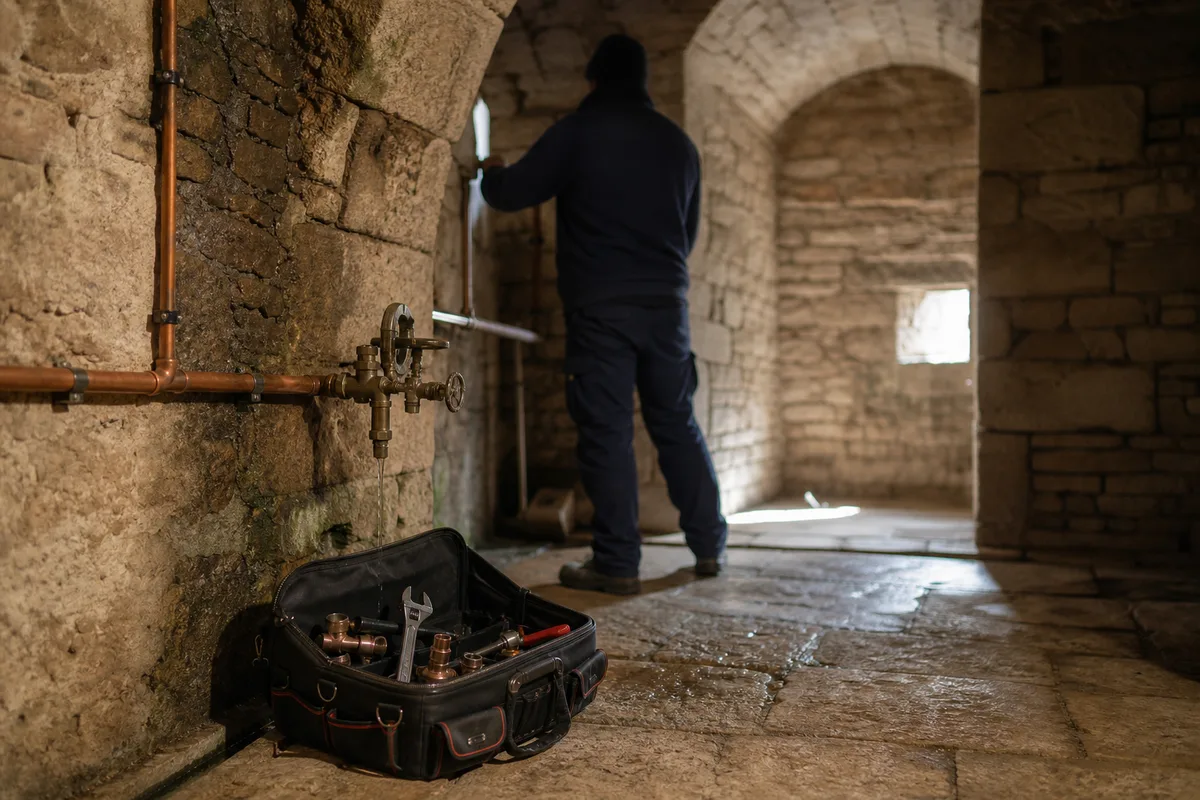 Cave voûtée en pierre avec canalisations en cuivre apparentes et outillage de plombier posé au sol, lumière naturelle tamisée