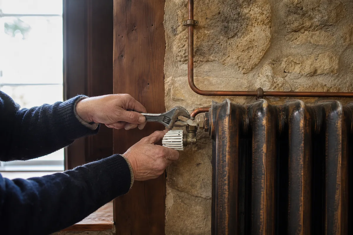 Radiateur en fonte ancien et tuyauterie de chauffage dans une maison vigneronne, gros plan sur des mains ajustant une vanne