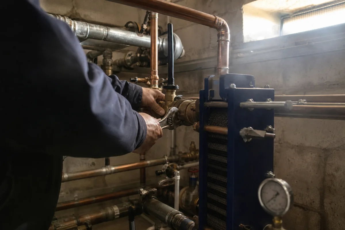 Technicien vérifiant une sous-station de chauffage urbain dans un immeuble collectif