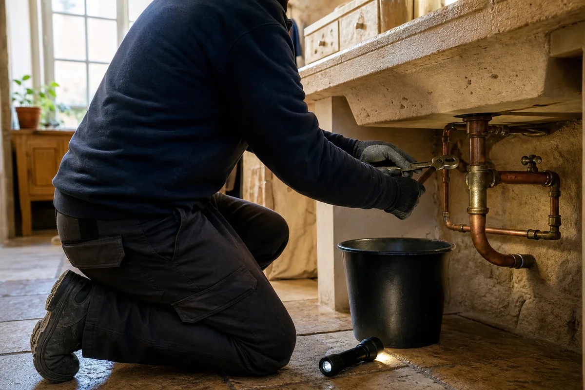 Plombier agenouillé réparant une fuite sous un évier ancien dans un appartement dijonnais