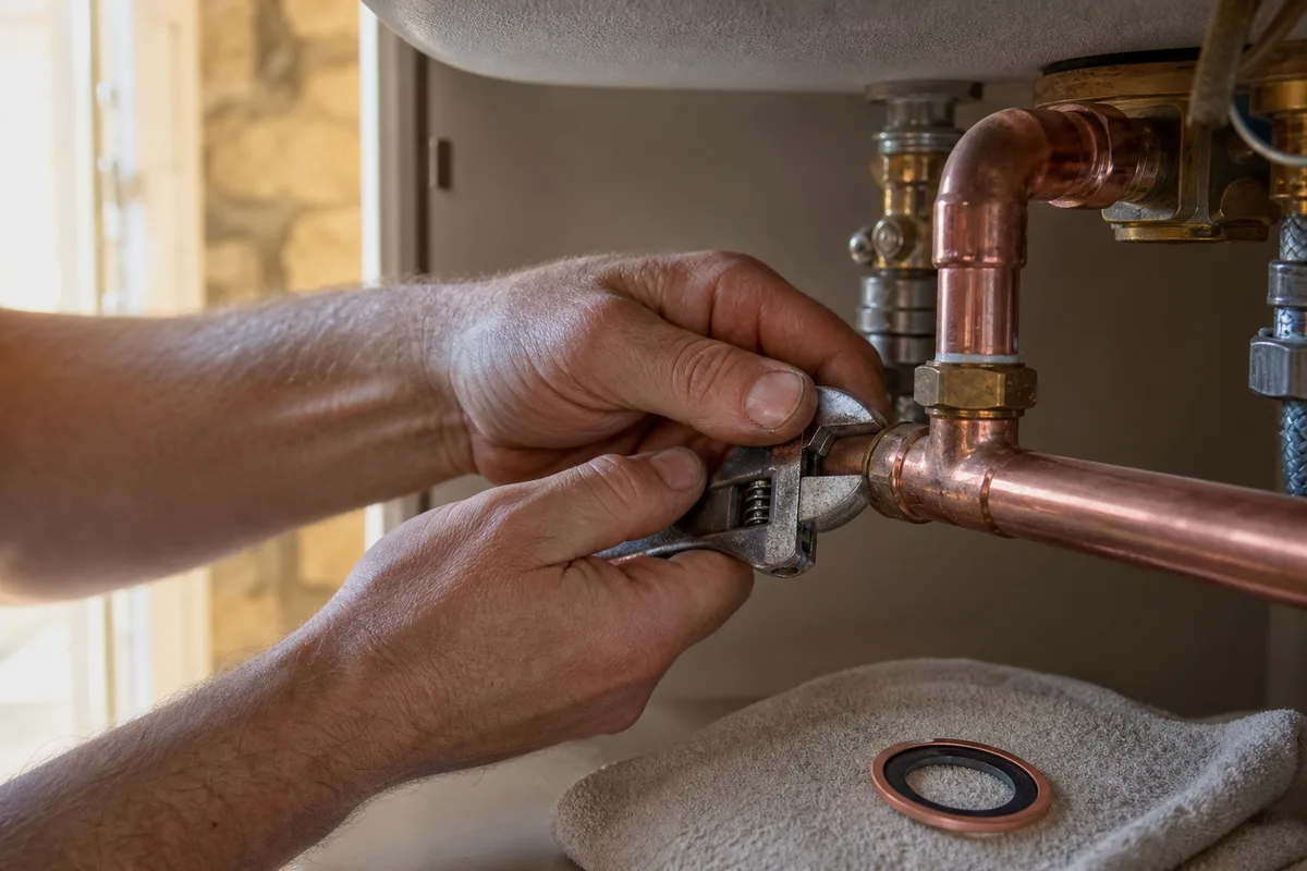 Fuite d&rsquo;eau sous évier réparée par un plombier, gros plan sur les mains et les outils