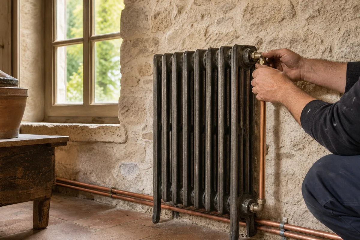 Installation de chauffage central dans une maison ancienne, radiateur en fonte et tuyauterie cuivre apparente, lumière du jour
