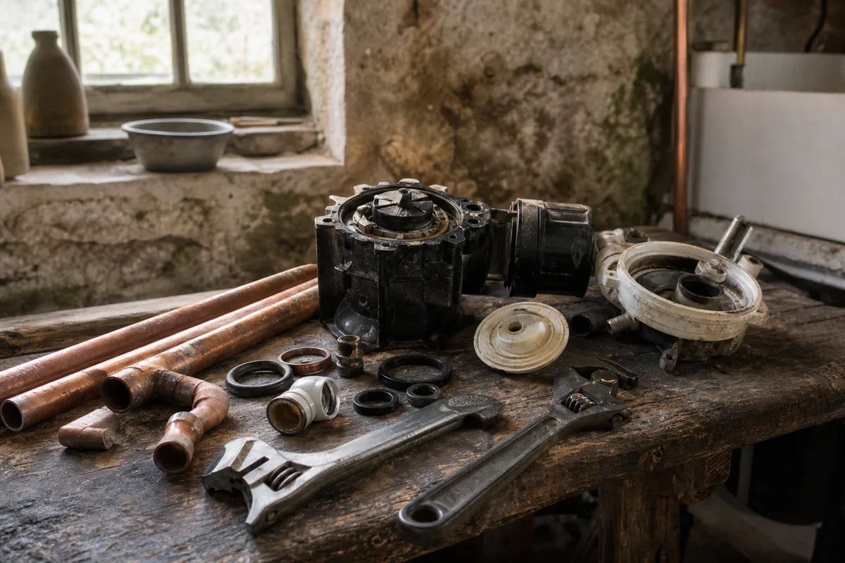 Cuivre et outils de plomberie posés sur un établi dans un intérieur ancien, lumière naturelle