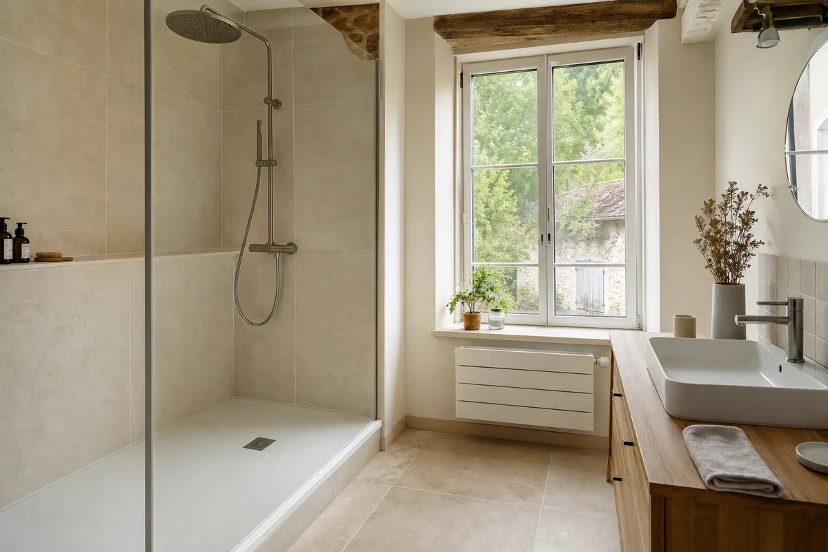 Salle de bain rénovée avec robinetterie et carrelage clair, lumière du jour