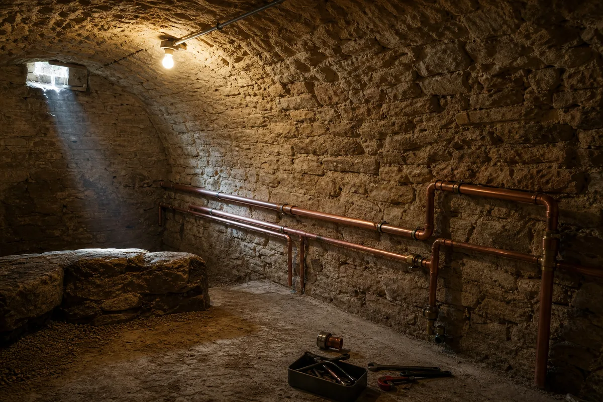 Canalisations anciennes en cuivre dans une cave voûtée d’une ferme de l’Auxois