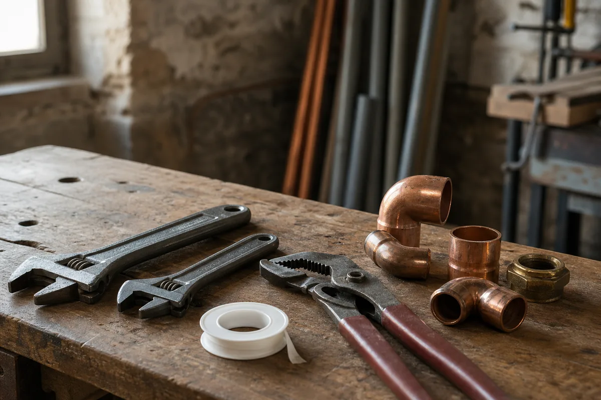 Outils de plomberie et raccords cuivre posés sur un établi dans un atelier lumineux