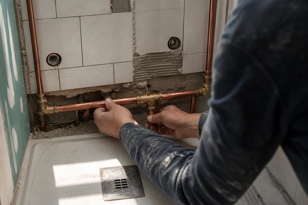 Douche à l’italienne en cours d’installation dans une salle de bain rénovée