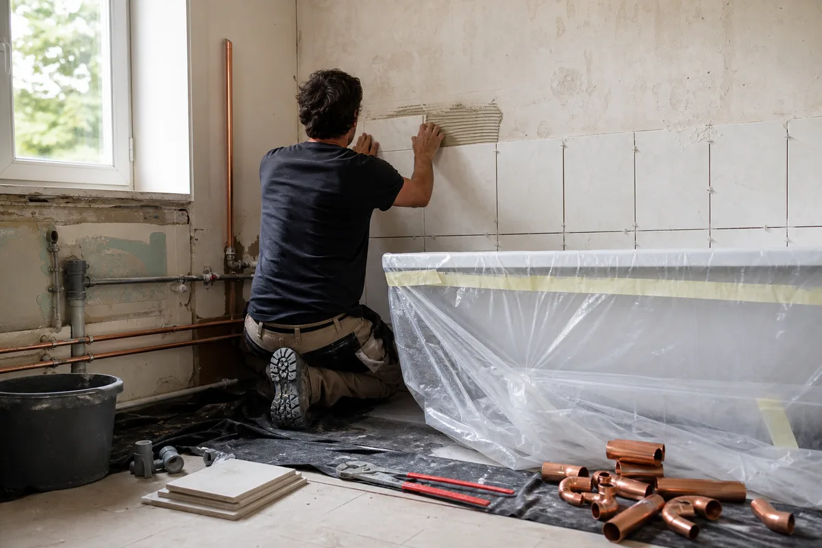 Rénovation de salle de bain en cours, pose de carrelage près d&rsquo;une baignoire, lumière naturelle