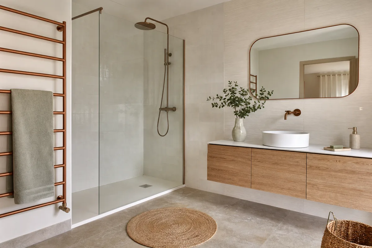 Salle de bain rénovée avec douche à l&rsquo;italienne, faïence claire et lumière du jour