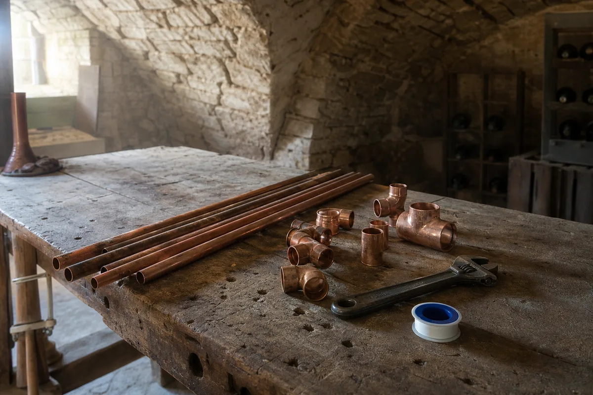 Plan de travail avec tuyauterie cuivre et outils de plombier posés à la lumière du jour