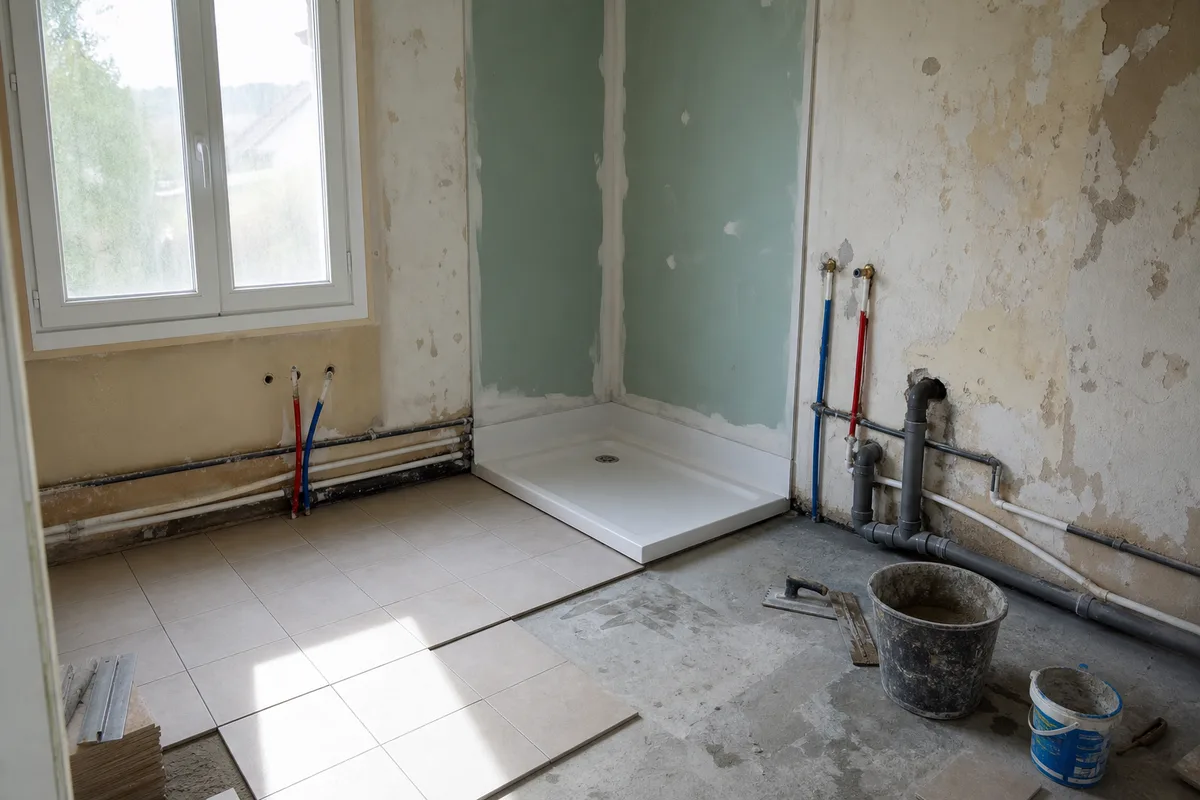 Salle de bain en cours de rénovation avec receveur de douche et raccordements visibles